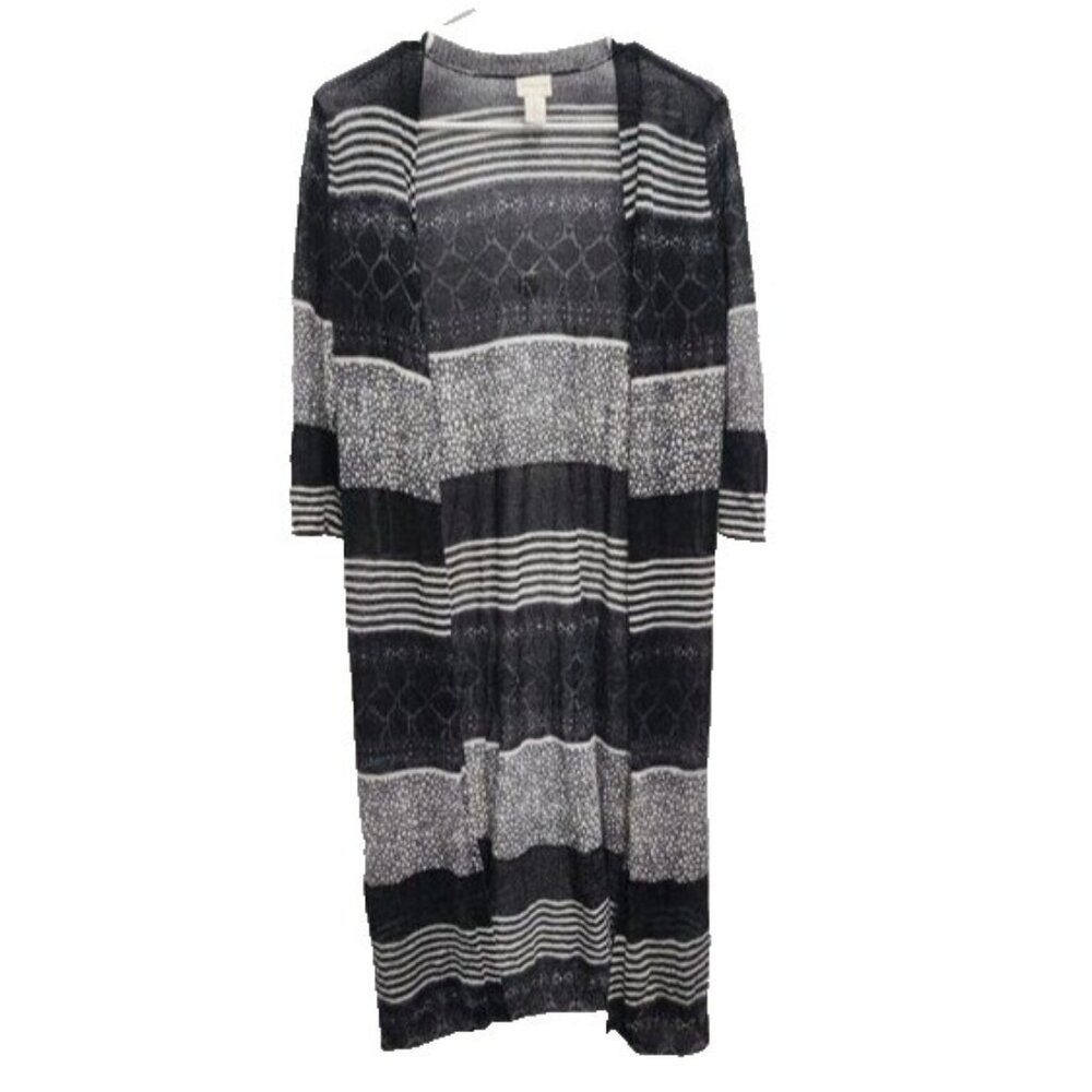 Chicos Womens Lightweight Duster Cardigan Medium Black Gray Striped Open Casual